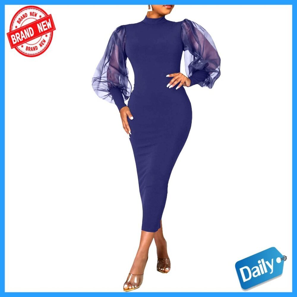 Sheer Mesh Bodycon Dress Long Puff Lantern Sleeves Sexy Club Party Midi